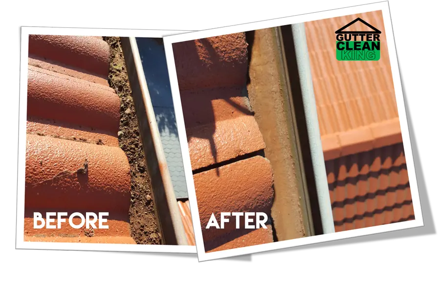 Before and after: tiled roof gutter cleaned by Gutter Clean King